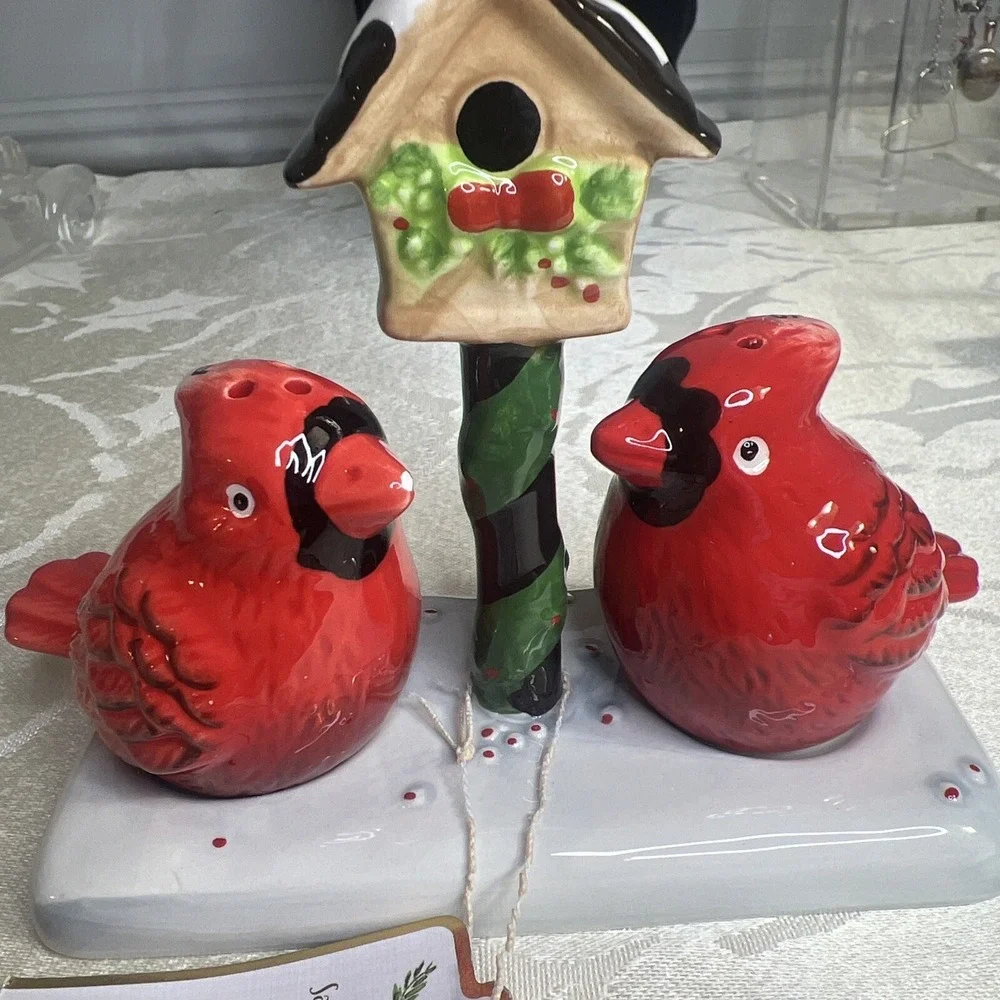 Pier 1 Ceramic Cardinal Salt & Pepper Shaker Set Christmas Winter Birdhouse